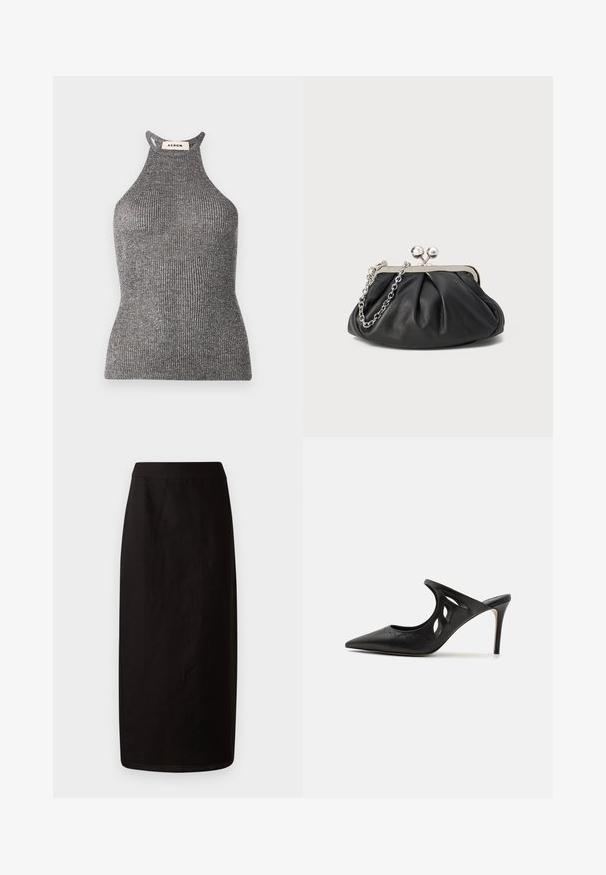 Šedý halter top vyrobený z rebrovanej textílie, s priliehavým strihom a vysokým výstrihom s otvorenými bokmi. Značka viditeľná na krku.; Čierna midi sukňa vyrobená z ľahkého materiálu. Má priamy strih, hladkú textúru a jednoduchý lem bez ozdôb.; Čierne kožené vysoké špičaté papuče s výrezmi po stranách a hladkou textúrou. Stiletto podpätok a jemný steh.; Čierna kožená kabelka s vrúbkovou textúrou, strieborným kovovým rámom, uzáverom na pobozkanie a retiazkou na nosenie. Hladký, jemný povrch.