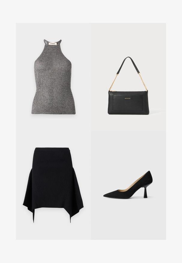 Top halter gris en textile côtelé, présentant une silhouette ajustée et un col montant avec des côtés ouverts. Étiquette de la marque visible au niveau du cou.; Jupe noire en maille côtelée avec ourlet en mouchoir asymétrique et taille cintrée, sur fond blanc uni.; Pompe à talons hauts en suède noir avec un bout pointu, dotée d'un talon bloc noir brillant et d'une doublure intérieure lisse.; Pochette en cuir noir avec une texture en relief, bandoulière en chaîne dorée et une poche avant. Elle arbore un logo doré sur le devant.
