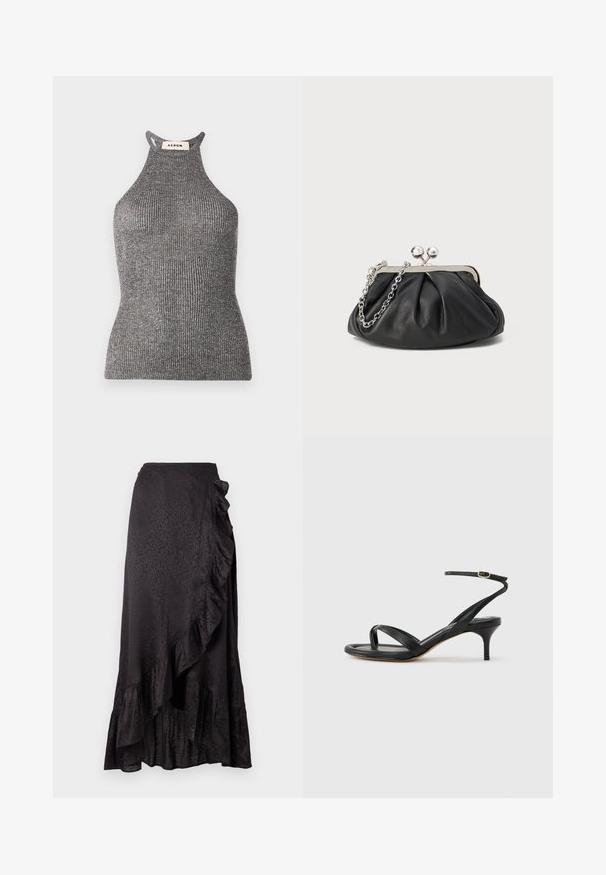 Top halter gris en textile côtelé, présentant une silhouette ajustée et un col montant avec des côtés ouverts. Étiquette de la marque visible au niveau du cou.; Jupe en satin noir avec un ourlet froncé et des détails sur le côté. Le motif léopard texturé ajoute un intérêt visuel. Silhouette longue et fluide.; Sandale pour femme en cuir noir avec fines lanières, une boucle d'orteil, une boucle à la cheville et un talon aiguille de hauteur moyenne sur un fond neutre.; Porte-monnaie en cuir noir avec texture froncée, cadre en métal argenté, fermeture à verrouillage kiss-lock et bandoulière en chaîne. Surface lisse et douce.