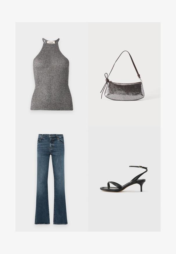 Top halter gris en textile côtelé, présentant une silhouette ajustée et un col montant avec des côtés ouverts. Étiquette de la marque visible au niveau du cou.; Jean flare bleu en denim. Comprend cinq poches, des passants de ceinture, une fermeture éclair et une finition légèrement délavée. Coupe droite jusqu'aux genoux.; Sandale pour femme en cuir noir avec fines lanières, une boucle d'orteil, une boucle à la cheville et un talon aiguille de hauteur moyenne sur un fond neutre.; Petit sac à main argenté métallique avec une surface texturée, une courte sangle marron foncé et un nœud décoratif noué d'un côté.