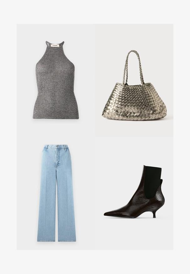 Top halter gris en textile côtelé, présentant une silhouette ajustée et un col montant avec des côtés ouverts. Étiquette de la marque visible au niveau du cou.; Jeans larges bleu clair en denim avec une taille haute, comprenant cinq passants de ceinture, une fermeture à bouton à l'avant et des coutures cousues.; Bottine marron foncé pointue avec motif texturé, petit talon incurvé et empiècement latéral élastique noir, présentée sur fond blanc.; Sac fourre-tout tissé en argent métallique avec deux poignées tressées, forme structurée et surface texturée présentant un motif en croisillons.