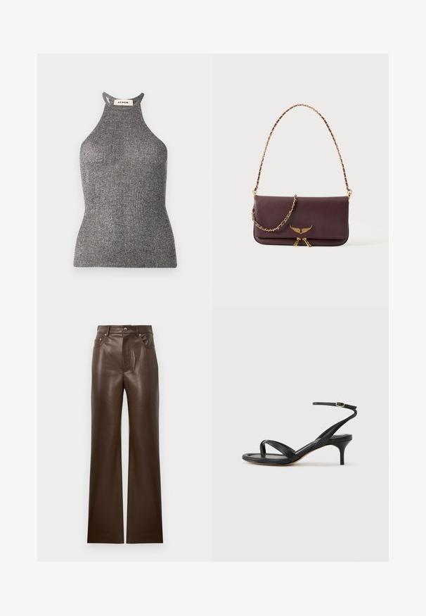 Graues Halterneck-Top aus geripptem Material, mit taillierter Passform und hohem Kragen mit offenen Seiten. Markenetikett am Kragen sichtbar.; Braune Leder-Schlaghosen mit glatter Textur, Fünf-Taschen-Design, Reißverschluss vorne und metallisch glänzendem Knopfverschluss, mit hoher Taille.; Schwarze Ledersandale für Damen mit dünnen Riemchen, einer Zehenlasche, einer Knöchelschnalle und einem mittelhohen Stöckelabsatz vor neutralem Hintergrund.; Dunkelbraune Ledertasche mit goldenem Kettenriemen, goldenem Flügel-Emblem und doppeltem Reißverschluss-Detail auf der Vorderklappe.