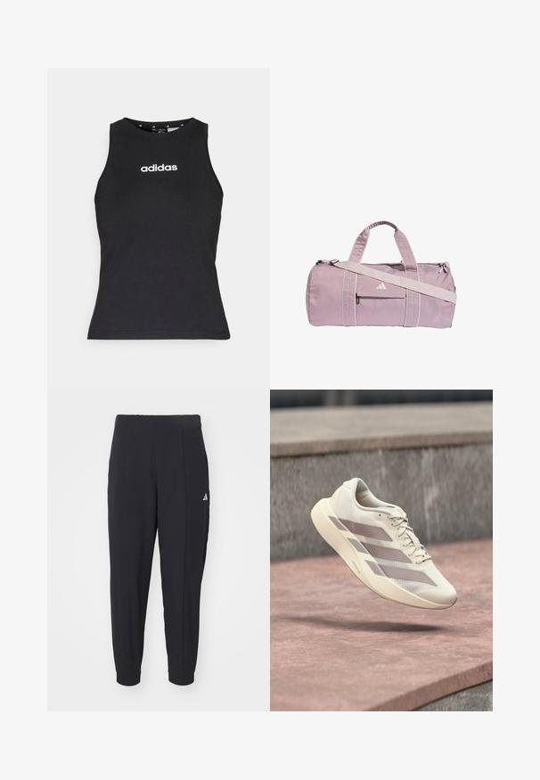 Haut sans manches noir en coton, avec un col rond et le logo "adidas" blanc centré sur la poitrine. Texture lisse, coupe normale.; Pantalons de sport noirs en tissu lisse. Design ajusté avec des poignets élastiques. Présente un petit logo blanc sur la hanche gauche.; Chaussure de course couleur crème avec des rayures taupe flottant au-dessus d'une surface carrelée rouge-brun et d'un fond en pierre grise.; Sac polochon violet clair en matériau brillant, doté de deux poignées, d'une bandoulière amovible et d'une poche zippée avant avec logo.