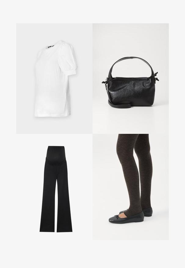 Valge lühikeste varrukatega T-särk ümmarguse kaeluse ja volangvarrukatega, pehmetest kangast, otse ääre ja külgmiste lõhedega.; MustHave mustrwearmustelatid mustare venne ste mihedbe ablepa, desriind tahe, chounne melhu ad foudg betekent muorth. Val Bukus trisonlenbe ban. Musten vil, maale murtour.; Jalad seljas tumedad soonelises soonelises kombines mustade baleriinadega, millel on väikesed paelade detailid valgel taustal.; Must mustrikujundusega must nahast käekott, ümarate pealmiste käepidemete ja eemaldatava õlalihaga. Omab siledat tekstuuri ja peent sära.