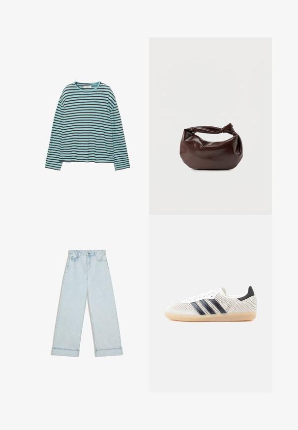 Chemise à manches longues avec col rond, rayures horizontales noires et bleu clair, coupe décontractée et ourlet droit.; Jean en denim bleu clair à jambes larges, taille haute, bouton à l'avant, poches et ourlets repliés.; Baskets en maille blanche avec un design à trois bandes noires, bout arrondi et semelle en caoutchouc gomme. Dotées d'un col de talon souple et d'une fermeture à lacets.; Sac bandoulière en cuir marron foncé avec une forme souple et décontractée et une anse nouée torsadée sur un fond blanc uni.
