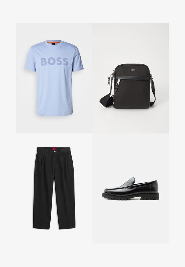 Camiseta de algodón azul claro con cuello redondo y mangas cortas, que presenta la palabra "BOSS" destacada en letras gruesas de color púrpura oscuro.; Pantalones negros de talle alto con pliegues delanteros, trabillas para cinturón, cierre con botón y cremallera, y una etiqueta roja en el interior de la cintura.; Mocasín de cuero negro con suela de goma gruesa, empeine cosido y nombre de la marca en relieve en el talón, mostrado en perfil lateral sobre fondo blanco.; Bolso bandolero negro con un tejido texturizado, logo en la parte frontal, cierre de cremallera y correa ajustable. Presenta un ribete de cuero suave.
