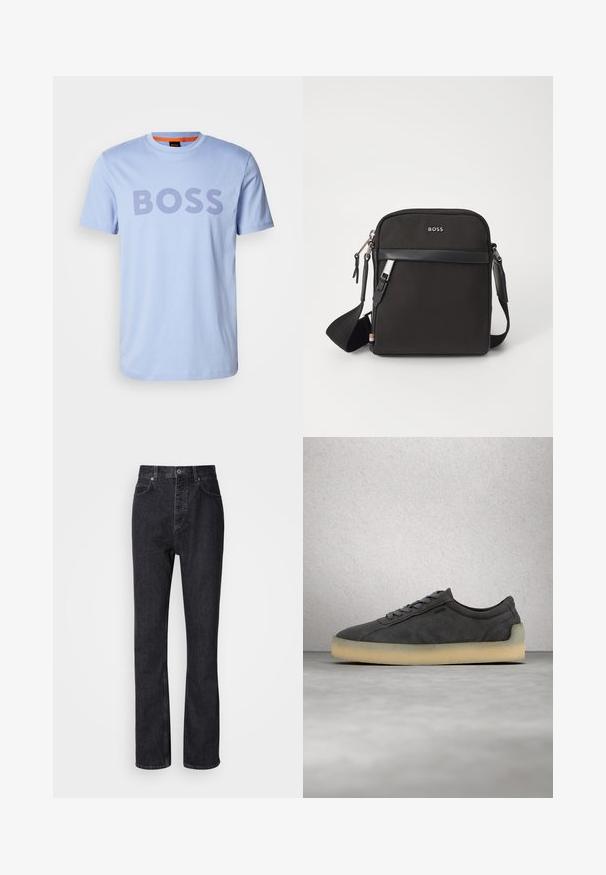 T-shirt en coton bleu clair avec un col rond et des manches courtes, affichant le mot "BOSS" en grandes lettres violettes sombres.; Jean en denim noir taille haute avec fermeture à bouton et à glissière, poches avant et arrière, et coupe droite.; Baskets en daim gris foncé avec semelle beige clair, lacets gris, flottant au-dessus d'un sol en béton poli près d'un mur en carreaux de verre.; Sac bandoulière noir en tissu texturé, avec un logo sur le devant, fermeture éclair et une bandoulière réglable. Finitions en cuir lisse.