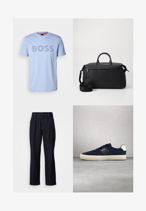 Camiseta de algodón azul claro con cuello redondo y mangas cortas, que presenta la palabra "BOSS" destacada en letras gruesas de color púrpura oscuro.; Jeans de mezclilla de pierna ancha en un tono azul oscuro, con pliegues frontales y costuras naranjas, presentados sobre fondo blanco.; Zapatilla BOSS azul marino con suela blanca y detalle en el talón, cordones negros, suspendida en el aire frente a un suelo gris y una pared de cristal de fondo.; Bolsa de viaje de cuero negro con dos asas superiores, una correa de hombro desmontable y un bolsillo frontal con cremallera para almacenamiento adicional.