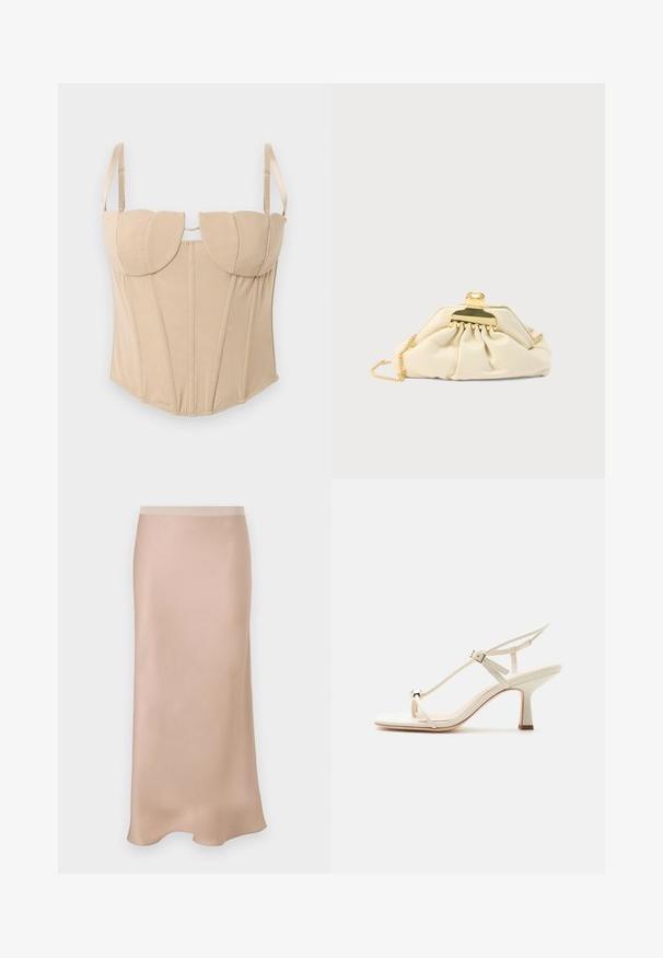 Beige Korsett-Top mit strukturierten Cups, verstellbaren Trägern und vertikalen Nähten. Glatte Stofftextur mit einer figurschmeichelnden Silhouette.; Satin-Midikleid in hellem Beige mit glatter Textur. Besitzt einen eng anliegenden Bund und eine subtile A-Linienform, die am Saum sanft ausläuft.; Beige Sandalette mit hohen Absätzen, dünnen Riemen, verstellbarer Schnalle, Zehenring-Detail und einem spitz zulaufenden Blockabsatz auf einer ebenen Fläche.; Cremefarbene Clutch aus weichem Material mit einem goldfarbenen Verschluss und einer Kettenriemen, mit gerafftem Design am Körper.