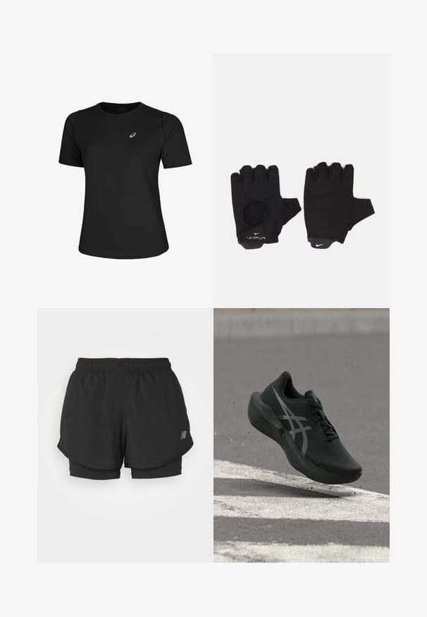 Sort atletisk T-shirt lavet af glat stof, med rund halsudskæring og korte ærmer. Indeholder et reflekterende logo på venstre front.; Sorte sportsshorts med elastisk talje, med et lagdelt design og en inderside. Stoffet virker let og glat.; Sort løbesko med hvidt logo i luften over asfalt med hvid vejmarkering og små stykker, der er sparket op under den.; Sorte fingerløse handsker med et tekstureret design. Lavet af et åndbart materiale, med en tommelfingeråbning og forstærket håndflade for bedre greb.