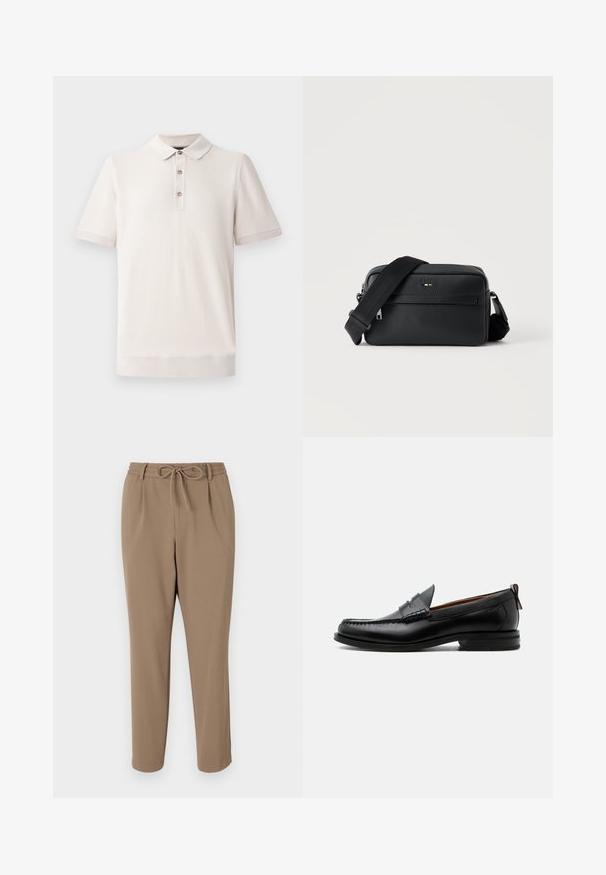 Kortærmet polo-shirt i lys beige, tekstureret materiale med krave og tre knaplukninger; ribbede detaljer ved ærmer og kant.; Beige tapered bukser med snor i taljen, sidelommer og en glat tekstur. Ingen synlige mønstre eller yderligere accenter.; Sort læder herre loafer med moc-tå syning, penny strop, struktureret krave og lav stablet hæl på hvid baggrund.; Sort tekstureret læder crossbody taske med front lynlåslomme og justerbar bred stofskulderrem på hvid baggrund.