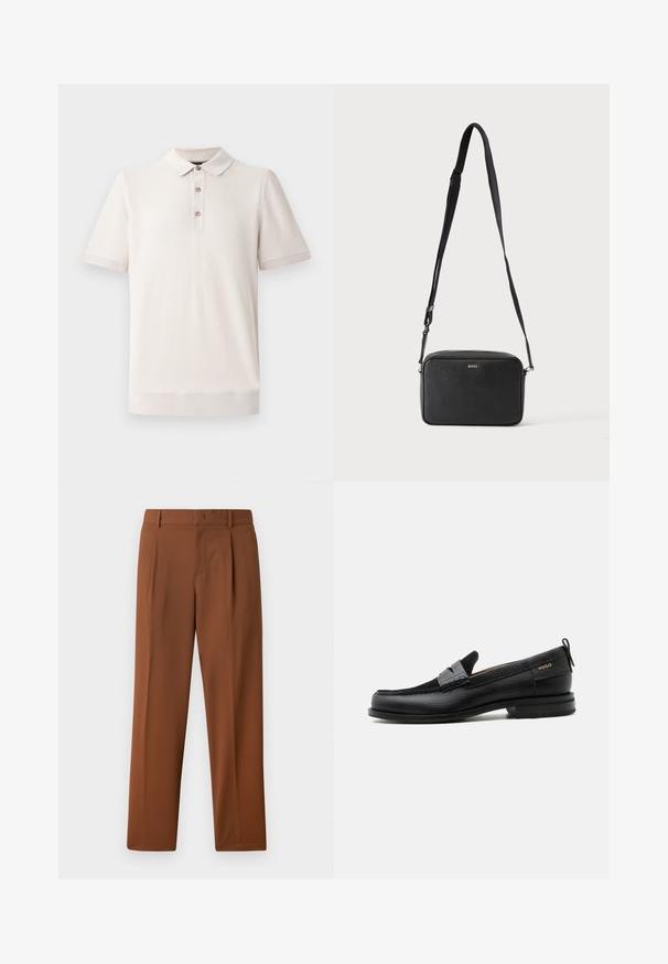 Kortærmet polo-shirt i lys beige, tekstureret materiale med krave og tre knaplukninger; ribbede detaljer ved ærmer og kant.; Brune bukser med en glat, mat tekstur, der har en folder foran og lige ben. Lavet af letvægts, åndbart stof.; Sort læderloafer med grå remdetalje, lav hæl og tekstureret sål, mærket med "HUGO" i guld på siden.; Sort rektangulær crossbody taske med justerbar rem og BOSS-logo foran, sat mod en ensfarvet lys baggrund.