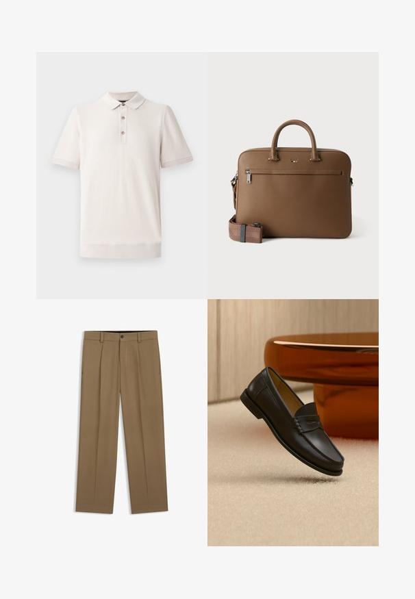 Kurzärmliges Poloshirt in hellbeige, aus strukturiertem Material mit Kragen und drei Knöpfen; gerippte Details an den Ärmeln und dem Saum.; Braune gerade geschnittene Hose mit Gürtelschlaufen, Vorderknopf und Reißverschluss, flach auf weißem Hintergrund dargestellt.; Schwarzer Leder-Loafer, der über einem hellbeigen Teppich schwebt, mit bernsteinfarbenen modernen Möbeln im Hintergrund.; Braune Leder-Aktentasche mit oberen Griffen, vorderer Reißverschlusstasche und abnehmbarem, passendem Schulterriemen auf weißem Hintergrund.