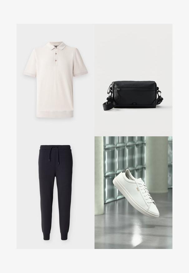 Kortærmet polo-shirt i lys beige, tekstureret materiale med krave og tre knaplukninger; ribbede detaljer ved ærmer og kant.; Sorte sweatpants med tapering, elastisk taljebånd og snøre, ribstrikkede manchetter ved anklerne, forlommer, vist på en hvid baggrund.; Hvid læder lav-top sneaker med snørebånd, sort hælflig og "BOSS"-logo, svævende indendørs nær glasblok væg og poleret gulv.; Sort rektangulær crossbody taske med front lynlåslomme, justerbar rem og præget "BOSS" logo øverst i midten.