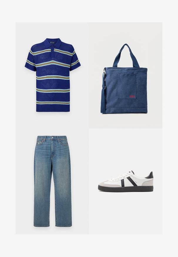 Blaues gestricktes Poloshirt mit kurzen Ärmeln, das horizontale Streifen in Weiß, Grün und Rot sowie eine Knopfleiste mit drei Knöpfen aufweist.; Blaue gerade geschnittene Denim-Jeans mit verwaschenem Look, fünf Taschen-Design und Knopfverschluss an der Taille.; Weiße Sneaker mit schwarz- und grau-aczenten, ausgestattet mit einer strukturierten grauen Zehenkappe, schwarzer Gummi-Sohle und flachen weißen Schnürsenkeln. Sauberes Design, minimalistische Stil.; Blauer Canvas-Einkaufstasche mit Vordertasche und roter "O.N.S" Stickerei, ausgestattet mit zwei Griffen und einem verstellbaren Schulterriemen.