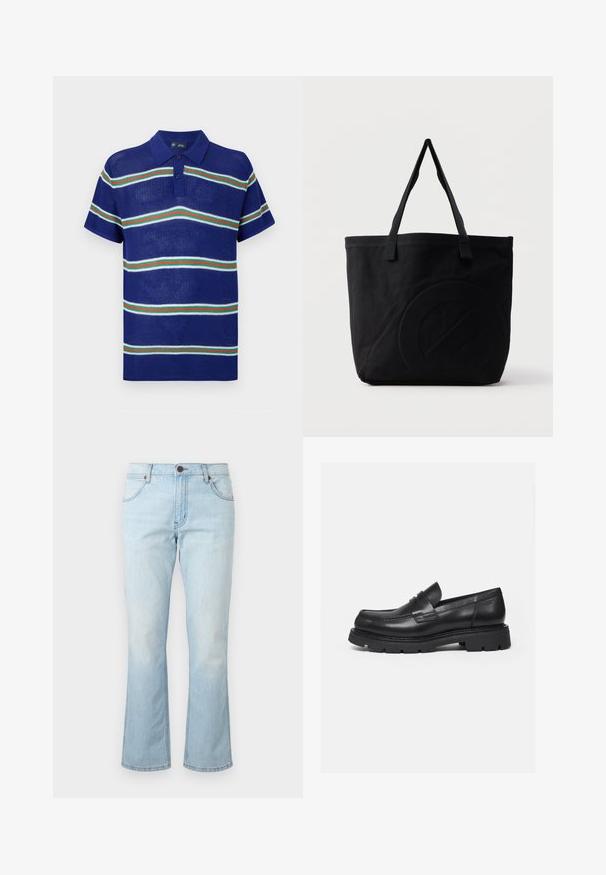 Blå strikket polo t-shirt med korte ærmer, med vandrette striber i hvid, grøn og rød samt en tre-knaps placket.; Lyseblå denimjeans med mellemhøj talje, knap- og lynlåslukning, forlommer og let udvidede ben.; Sort læderloafer med tyk rillede sål og penny-remdetalje, vist i højre sideprofil på hvid baggrund.; Sort canvas-tote-taske med to skulderstropper og et diskret præget cirkeldesign på fronten.