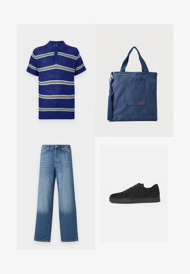 Blå strikket polo t-shirt med korte ærmer, med vandrette striber i hvid, grøn og rød samt en tre-knaps placket.; Blå højtaljede strækte jeans med falmede områder på lårerne og mørkere skygger nær kanten, synlig frontknap og lommer.; Sort lavtop sneaker med snørelukning foran og flad gummisål, vist fra siden på en hvid baggrund.; Blå lærredstote taske med frontlomme og rød "O.N.S" broderi, med to håndtag og en justerbar skulderrem.