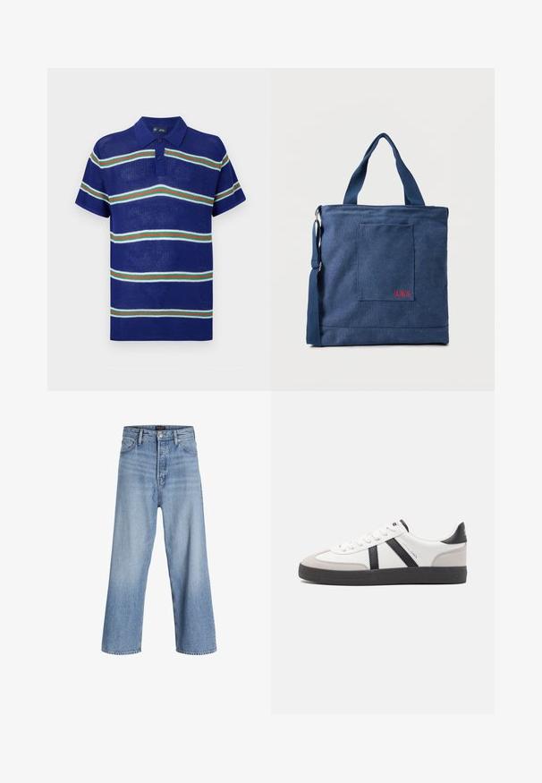 Blauw gebreid polo shirt met korte mouwen, voorzien van horizontale strepen in het wit, groen en rood met een drieknoopsluiting.; Lichtblauwe denim wijdvallende jeans met een hoge taille, voorzien van een knoopsluiting, vijf pockets en subtiele vervaging. Schoon afgewerkte zoom.; Witte sneaker met zwarte en grijze accenten, voorzien van een grijze neus met textuur, zwarte rubberen zool en platte witte veters. Schoon ontwerp, minimalistische stijl.; Blauwe canvas tas met voorvak en rode "O.N.S" borduring, voorzien van dubbele handvatten en een verstelbare schouderriem.