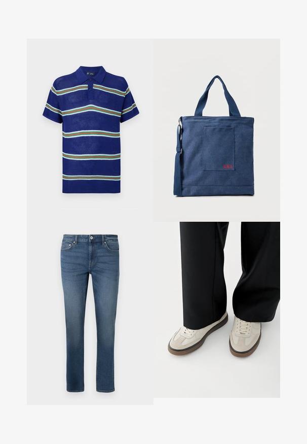 Blå strikket polo t-shirt med korte ærmer, med vandrette striber i hvid, grøn og rød samt en tre-knaps placket.; Blå denimjeans med lige ben-design, der har fem-lommer stil og subtil fading. Inkluderer en frontlukning med knap og lynlås.; Fødder iført beige sneakers med brune såler og sorte bukser med vide ben på hvid baggrund.; Blå lærredstote taske med frontlomme og rød "O.N.S" broderi, med to håndtag og en justerbar skulderrem.