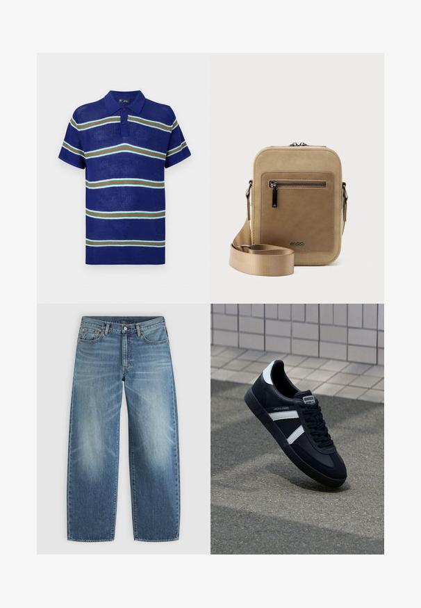 Blauw gebreid polo shirt met korte mouwen, voorzien van horizontale strepen in het wit, groen en rood met een drieknoopsluiting.; Blauwe spijkerbroek met rechte pijp, knoop en rits aan de voorkant, en vijfzakkenmodel.; Zwarte leren sneaker met witte strepen, een gestructureerde rubberen zool en vetersluiting aan de voorkant. Voorzien van een merklabel op de tong.; Kleine beige crossbodytas met een voorvak met ritssluiting, metalen ALDO-logo, verstelbare brede band en afgeronde rechthoekige vorm op een witte achtergrond.