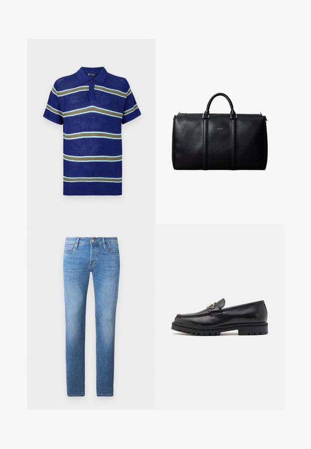 Blå strikket polo t-shirt med korte ærmer, med vandrette striber i hvid, grøn og rød samt en tre-knaps placket.; Lyseblå denim jeans med straight-leg snit, der har knap- og lynlåslukning, fem lommer og subtil falming.; Sorte læder loafers med en glat finish, rund tå, en dekorativ rem med guldhardware og en robust sort sål.; Sort læder rejsetaske med to håndtag, diskret Calvin Klein-logo i midten og detaljer i sølvfarvet metal.