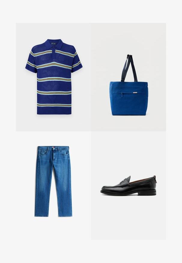 Blå strikket polo t-shirt med korte ærmer, med vandrette striber i hvid, grøn og rød samt en tre-knaps placket.; Blå denim jeans med lige ben, fem lommer, knaplukning og subtil falmning på forreste lår.; Sort læder herre loafer med moc-tå syning, penny strop, struktureret krave og lav stablet hæl på hvid baggrund.; Blå lærredstaske med lynlåslomme foran, dobbelte skulderremme og rektangulær form. Har en diskret mærkeetiket.