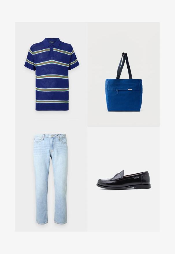 Polo de punto azul con mangas cortas, que presenta rayas horizontales en blanco, verde y rojo, con una tapeta de tres botones.; Vaqueros de mezclilla azul claro con un corte relajado, cinco bolsillos, cierre de botón y un sutil desgaste en toda la tela.; Mocasines de cuero negro con acabado brillante, que presentan un diseño cosido en la puntera y una suela baja de goma negra texturizada.; Bolsa de lona azul con un bolsillo frontal con cremallera, correas dobles para el hombro y forma rectangular. Cuenta con una etiqueta de marca sutil.