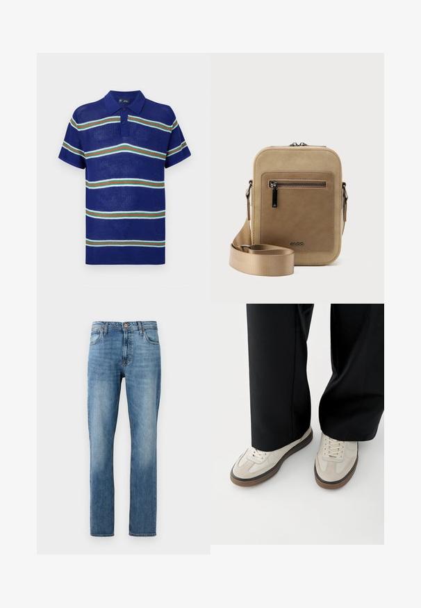 Blå strikket polo t-shirt med korte ærmer, med vandrette striber i hvid, grøn og rød samt en tre-knaps placket.; Blå lige ben denimjeans med fem lommer, knap- og lynlås-lukning, præsenteret mod en ensfarvet hvid baggrund.; Fødder iført beige sneakers med brune såler og sorte bukser med vide ben på hvid baggrund.; Lille beige crossbody-taske med lynlåslomme foran, metal ALDO-logo, justerbar bred rem og rundet rektangulær form på hvid baggrund.