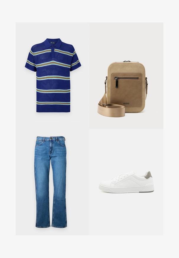Blå strikket polo t-shirt med korte ærmer, med vandrette striber i hvid, grøn og rød samt en tre-knaps placket.; Blå denim jeans med en lige ben-design, der har en klassisk fem-lomme stil, metalknap og lynlås. Glat tekstur, ingen mønstre.; Hvid sneaker lavet af glat læder, rund tå, minimalistisk design, grå hælafsats og tekstureret gummisål.; Lille beige crossbody-taske med lynlåslomme foran, metal ALDO-logo, justerbar bred rem og rundet rektangulær form på hvid baggrund.