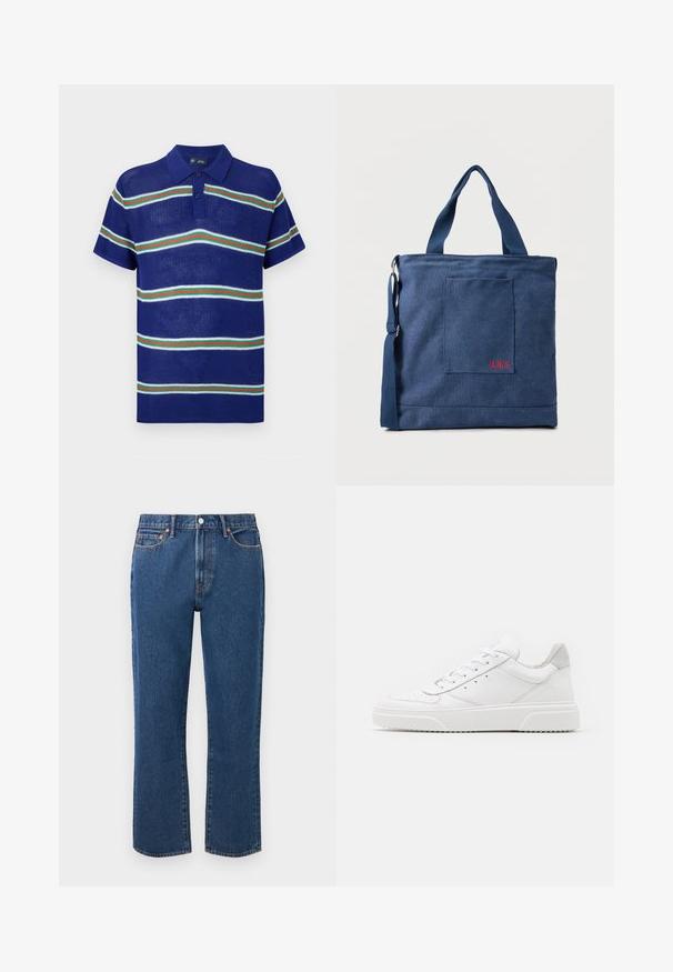 Blaues gestricktes Poloshirt mit kurzen Ärmeln, das horizontale Streifen in Weiß, Grün und Rot sowie eine Knopfleiste mit drei Knöpfen aufweist.; Blaue gerade Jeans aus Denim mit einem Knopfverschluss, fünf Taschen und kontrastierenden orangen Nähte.; Weiße Leder-Sneaker mit glatter Oberfläche, rundem Zehenbereich, flachen Schnürsenkeln und strukturiertem Schuhsohlen. Graues Wildleder-Detail an der Ferse.; Blauer Canvas-Einkaufstasche mit Vordertasche und roter "O.N.S" Stickerei, ausgestattet mit zwei Griffen und einem verstellbaren Schulterriemen.