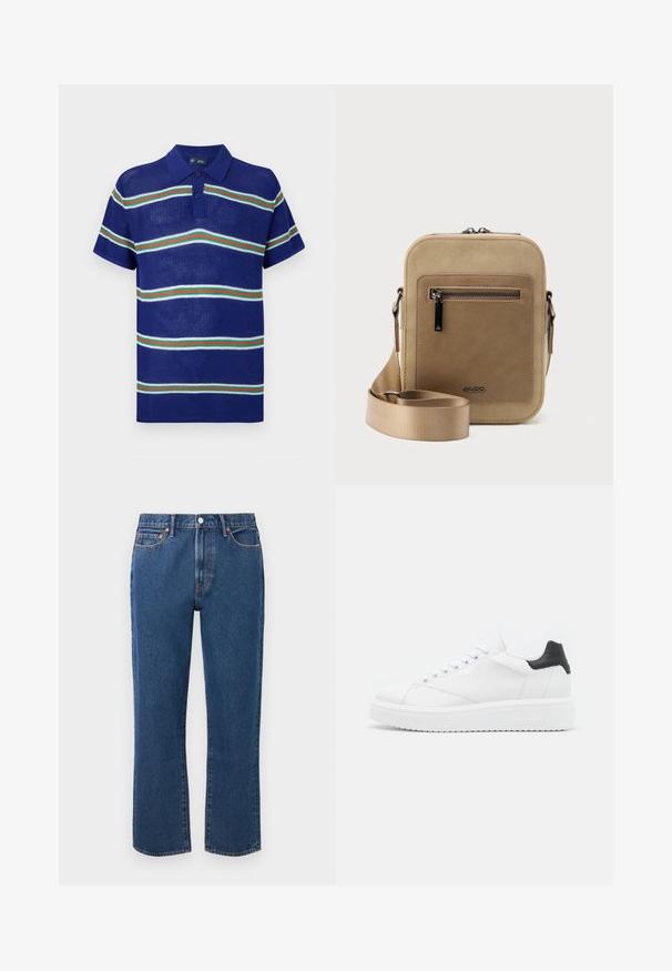 Blå strikket polo t-shirt med korte ærmer, med vandrette striber i hvid, grøn og rød samt en tre-knaps placket.; Blå straight-leg jeans lavet af denim, med knaplukning, fem lommer og kontrasterende orange stikninger.; Hvide lædersneakers med en sort hælflap, flade snørebånd, struktureret mellemsål og branding på ydersiden. Designet til afslappet brug.; Lille beige crossbody-taske med lynlåslomme foran, metal ALDO-logo, justerbar bred rem og rundet rektangulær form på hvid baggrund.