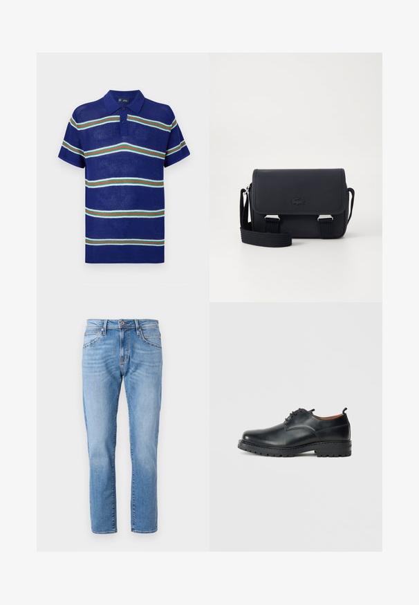 Blaues gestricktes Poloshirt mit kurzen Ärmeln, das horizontale Streifen in Weiß, Grün und Rot sowie eine Knopfleiste mit drei Knöpfen aufweist.; Hellblaue Jeans aus Denim mit geradem Bein, klassischem Fünf-Taschen-Design, dezentem Ausbleichen und einem kontrastierenden Knopfverschluss am Bund.; Schwarze Leder Derby-Schuhe mit glatter Textur, runder Zehenform, Schnürdesign und einer dicken, robusten Gummisohle.; Lacoste CLASSIC MESSENGER BAG - Umhängetasche - noir