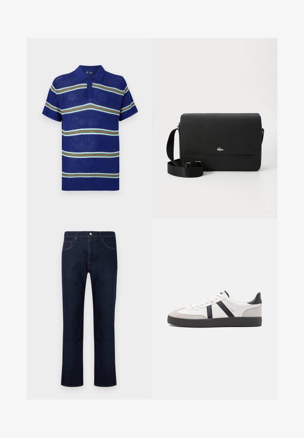 Blaues gestricktes Poloshirt mit kurzen Ärmeln, das horizontale Streifen in Weiß, Grün und Rot sowie eine Knopfleiste mit drei Knöpfen aufweist.; Dunkelblaue Jeans mit geradem Bein, vorn mit Knopfverschluss, vorderen Taschen und sichtbaren Nahtdetails.; Weiße Sneaker mit schwarz- und grau-aczenten, ausgestattet mit einer strukturierten grauen Zehenkappe, schwarzer Gummi-Sohle und flachen weißen Schnürsenkeln. Sauberes Design, minimalistische Stil.; Schwarze Leder-Umhängetasche mit glatter Textur, einer Frontklappe, silbernem Logo-Akzent und einem verstellbaren Stoffriemen.