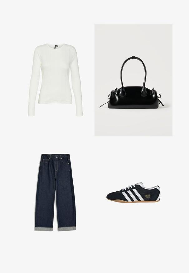 Hvid langærmet skjorte med rund halsudskæring. Stoffet har et struktureret mønster med lodrette linjer og ribbede detaljer.; Mørkeblå jeans med vide ben og opsmøg, fem lommer og knaplukning i taljen, lagt fladt på hvid baggrund.; Sort ruskinds sneaker med hvide tre striber, guldlogo og en brun gummisål. Har et lavprofil snørebåndsdesign.; Lille sort blank håndtaske med to lange håndtag og snøre-detaljer i siden på en ensfarvet lys baggrund.