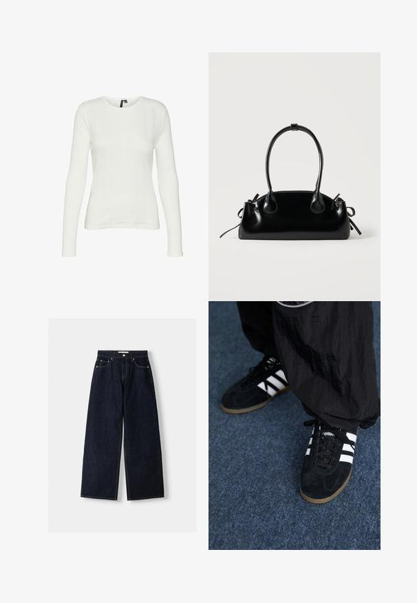 Hvid langærmet skjorte med rund halsudskæring. Stoffet har et struktureret mønster med lodrette linjer og ribbede detaljer.; Mørkeblå denim wide-leg jeans med høj talje, fem lommer, kontraststing og sølvfarvet metalbeslag. Glat overflade og pæn finish.; Sorte suedetrainingssko med tre hvide striber og sorte snørebånd. Et tekstureret sort bukser er delvist synligt ved siden af skoene.; Lille sort blank håndtaske med to lange håndtag og snøre-detaljer i siden på en ensfarvet lys baggrund.