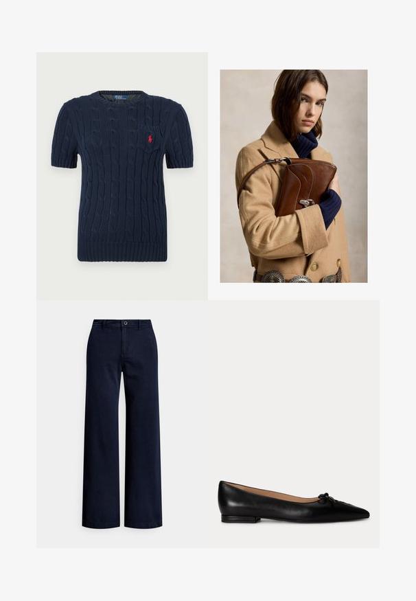 Pull en marine à manches courtes avec motif en maille torsadée, col rond et petite poche poitrine. Présente un accent de logo rouge sur la poche.; Pantalon large bleu marine en coton, doté d'une fermeture à boutons sur le devant, de passants pour ceinture et d'une finition lisse et texturée.; Chaussure plate en cuir noir avec bout pointu et petit nœud décoratif sur le dessus, talon bas et doublure intérieure beige.; Jeune femme aux cheveux bruns porte un manteau camel et un pull bleu marine, tenant un sac à main en cuir marron foncé sur un fond neutre.