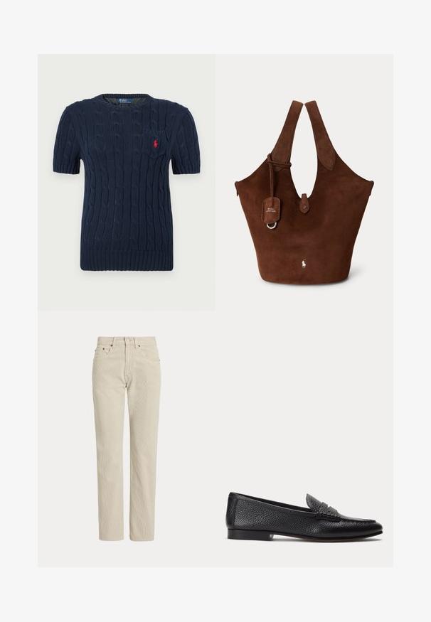 Pull en marine à manches courtes avec motif en maille torsadée, col rond et petite poche poitrine. Présente un accent de logo rouge sur la poche.; Pantalon en velours côtelé beige droit avec passants de ceinture, bouton à l'avant, fermeture éclair et poches avant.; Mocassin en cuir texturé noir avec petit talon et détail classique de bride à pièce, présenté de profil sur un fond clair uni.; Sac fourre-tout en daim marron avec larges poignées, fermeture à bouton sur le devant et petit logo Polo Ralph Lauren près du centre en bas.