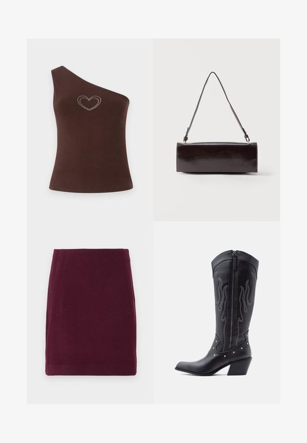 Hnedý top na jedno rameno, vyrobený z hladkej tkaniny, s dizajnom srdca z rhinestones na hrudníku. Jednoduchý strih a čisté línie.; Vero Moda VMFORTUNALLISON SHORT - sukňa v tvare A - winetasting; Čierne kožené kovbojské čižmy so špicatou špičkou, viditeľným prešívaním, striebornými ozdobnými nitmi a zipsom na vnútornej strane.; Obdĺžniková čierna kožená kabelka s jedným dlhým remienkom a lesklým povrchom, vystavená na bielom jednoduchom pozadí.