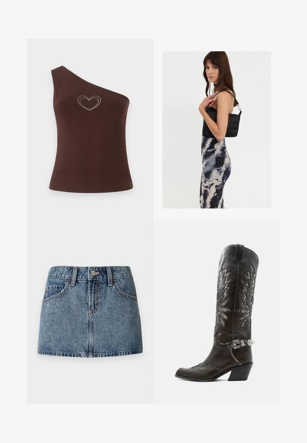 Top tank marron sur une épaule, fabriqué dans un tissu lisse, présentant un design de cœur en strass sur la poitrine. Coupe simple et lignes épurées.; Mini-jupe en denim de teinte bleue medium, avec une taille ajustée, des poches avant et des détails de couture subtils. Fini en tissu lisse et texturé.; Botte de cowboy en cuir noir avec découpes décoratives, boucle argentée et talon incliné, présentée sur fond blanc.; Sac à épaule noir en matelassé avec une seule sangle et des accessoires en argent, associé à une robe ajustée à motif tie-dye dans des teintes de noir et de crème.