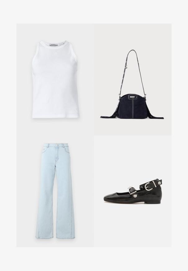 Débardeur blanc à côtes avec un col rond, sans manches et un petit logo sur le devant. Texture lisse et silhouette cintrée.; Des jeans en denim bleu clair à taille haute, à jambes larges, avec des poches avant et des détails de couture visibles sur les coutures et l'ourlet.; Ballerine en cuir verni noir avec un bout carré, sangle de cheville avec des détails en métal argenté et semelle plate. Texture lisse avec un design minimaliste.; Sac à main en daim bleu foncé avec des coutures blanches, une poignée découpée, une bandoulière à motif et de longues franges des deux côtés.