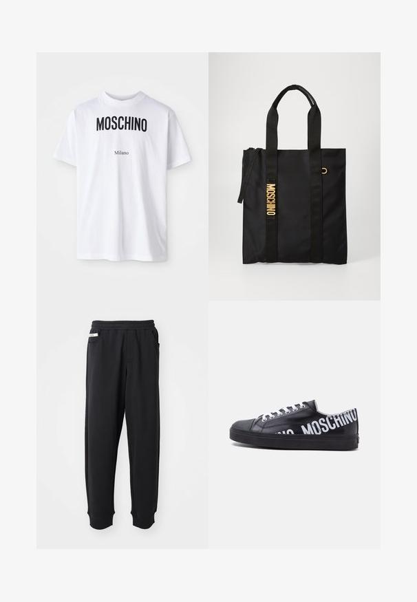 Witte katoenen T-shirt met bold zwarte "MOSCHINO" tekst boven de kleinere tekst "Milano". Klassieke ronde hals en korte mouwen.; Zwarte sweatpants van zachte stof, met een elastische tailleband, zijzakken en geribbelde boorden bij de enkels. Minimalistisch ontwerp.; Zwarte lage sneaker met witte veters en vetgedrukte witte "MOSCHINO" tekst die om de hiel en zijkant loopt.; Zwarte tote bag van gladde stof met twee zwarte handvaten, voorzien van een gouden "MOSCHINO" logo en een rits bovenaan.