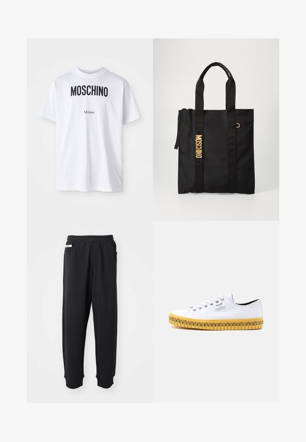 Λευκό βαμβακερό T-shirt με έντονο μαύρο κείμενο "MOSCHINO" πάνω από μικρότερο κείμενο "Milano". Κλασική στρογγυλή λαιμόκοψη και κοντά μανίκια.; Μαύρο παντελόνι φόρμας από μαλακό ύφασμα, με ελαστική μέση, πλάγιες τσέπες και ριμπ μανσέτες στους αστραγάλους. Μινιμαλιστικός σχεδιασμός.; Λευκό χαμηλό πάνινο παπούτσι με λευκά κορδόνια και κίτρινη σόλα σχεδιασμένη να μοιάζει με μεζούρα με σημάδια μεγέθους.; Μαύρη τσάντα tote από απαλό ύφασμα με δύο μαύρες λαβές, που διαθέτει το λογότυπο "MOSCHINO" σε χρυσό και κλείσιμο με φερμουάρ στην κορυφή.
