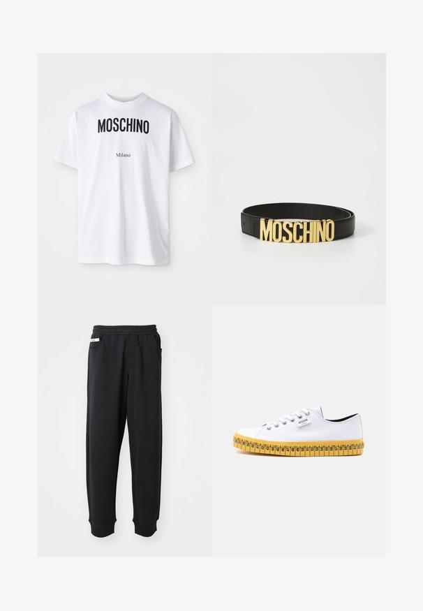 Witte katoenen T-shirt met bold zwarte "MOSCHINO" tekst boven de kleinere tekst "Milano". Klassieke ronde hals en korte mouwen.; Zwarte sweatpants van zachte stof, met een elastische tailleband, zijzakken en geribbelde boorden bij de enkels. Minimalistisch ontwerp.; Witte lage canvas sneaker met witte veters en een gele zool, ontworpen om eruit te zien als een meetlint met maatmarkeringen.; Zwarte leren riem met een grote gouden "MOSCHINO" logo gesp, gladde textuur, verstelbare maat en minimalistisch ontwerp.
