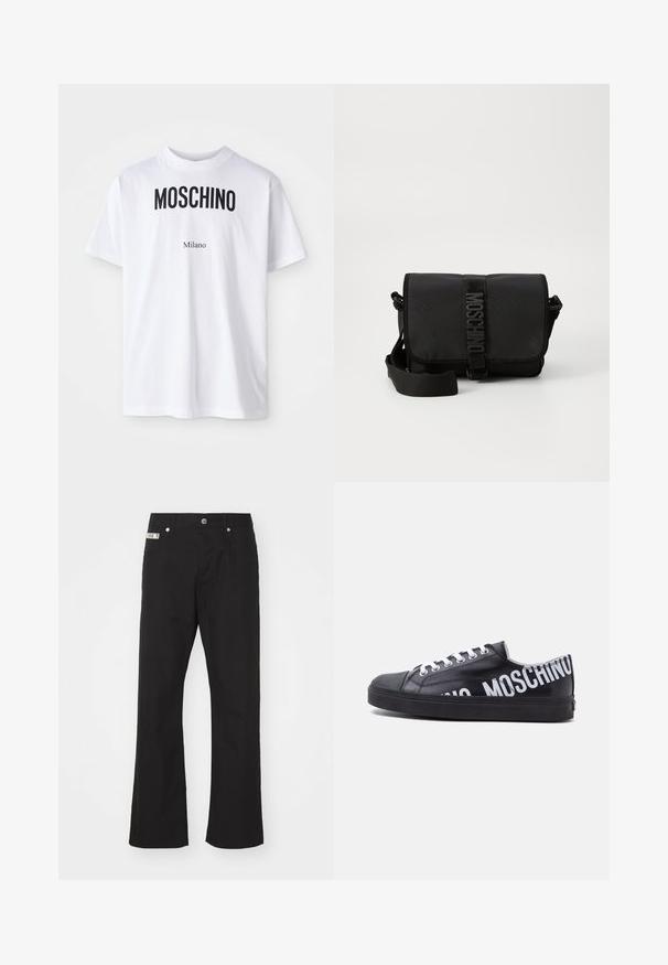 Witte katoenen T-shirt met bold zwarte "MOSCHINO" tekst boven de kleinere tekst "Milano". Klassieke ronde hals en korte mouwen.; Zwarte katoenen broek met een rechte pijpdesign, voorzien van een sluiting met een knoop aan de voorkant, twee zijzakken en een klein merklabel op de tailleband.; Zwarte lage sneaker met witte veters en vetgedrukte witte "MOSCHINO" tekst die om de hiel en zijkant loopt.; Zwarte nylon schoudertas met klep, voorzien van een opvallende logo riemsluiting, een verstelbare schouderriem en zijnaaddetails.