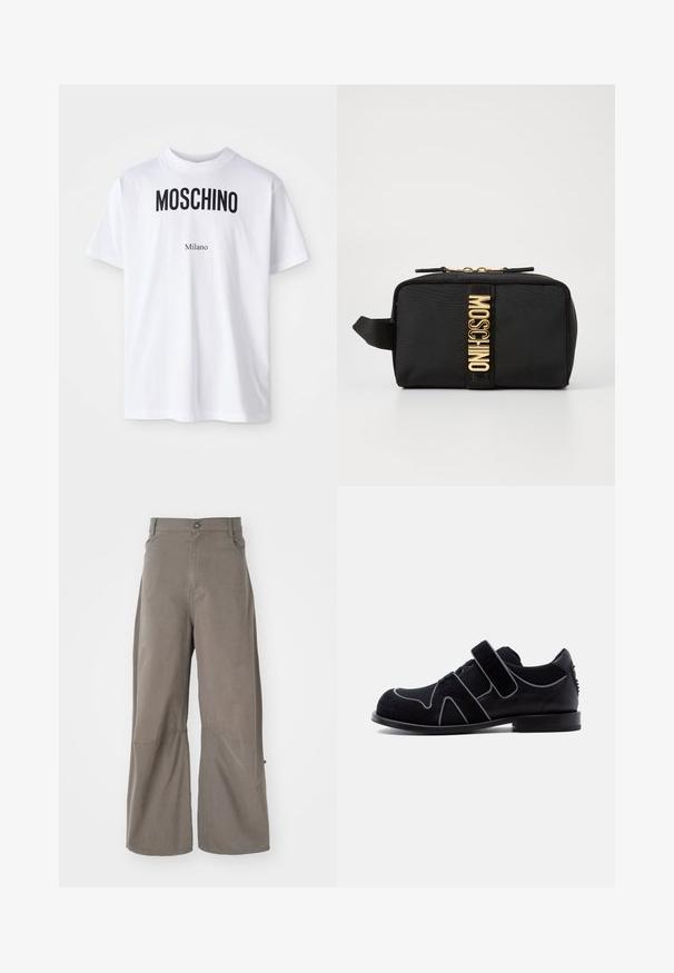 Witte katoenen T-shirt met bold zwarte "MOSCHINO" tekst boven de kleinere tekst "Milano". Klassieke ronde hals en korte mouwen.; Henrik Vibskov DART PANTS - Relaxed fit jeans - walnut; Zwarte herenschoenen met klittenbandsluiting, veters, suède- en lederen materialen, en een lage hak tegen een effen witte achtergrond.; Zwart stoffen cosmeticazak met een rechthoekige vorm, gouden "MOSCHINO" logo, ritsluiting en een zijriem voor gemakkelijke handling.