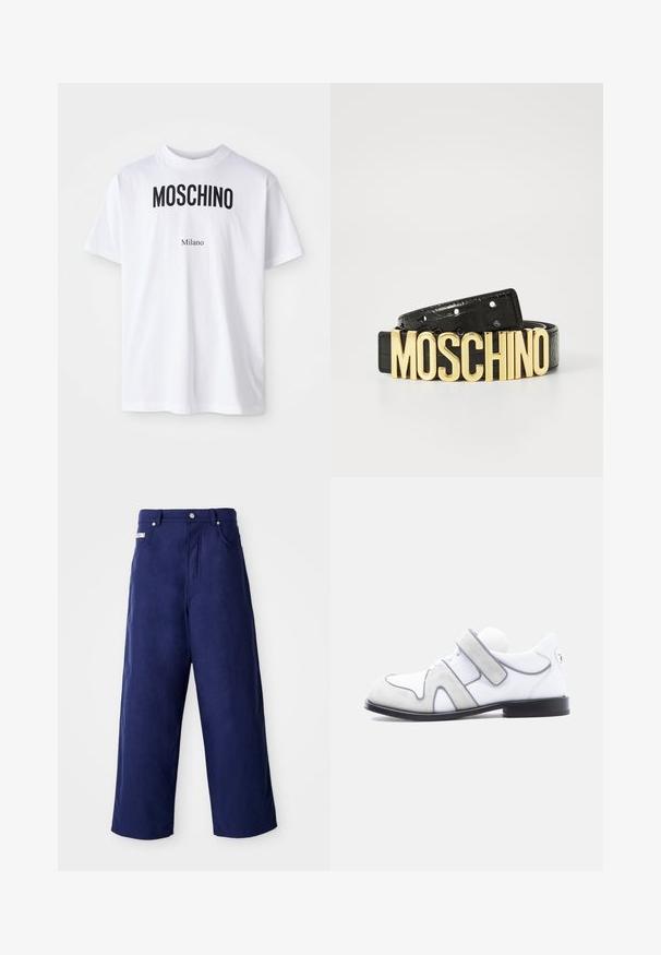 Weißes Baumwoll-T-Shirt mit auffälligem schwarzen "MOSCHINO"-Text über kleinerem "Milano"-Text. Klassischer Rundhalsausschnitt und kurze Ärmel.; Weite Hosen in Marineblau, aus weichem Stoff gefertigt. Mit einem Knopfverschluss und Fronttaschen, in einem klaren Finish ohne sichtbare Muster.; Weißer Leder- und grauer Wildleder-Herrenschuh mit schwarzer Sohle und einem einzelnen breiten Klettverschluss an der Seite.; Schwarzer Ledergürtel mit Krokodilstruktur und einer großen goldenen "MOSCHINO"-Brosche. Verfügt über mehrere Anpassungslöcher.