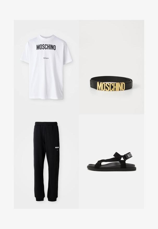 Weißes Baumwoll-T-Shirt mit auffälligem schwarzen "MOSCHINO"-Text über kleinerem "Milano"-Text. Klassischer Rundhalsausschnitt und kurze Ärmel.; Schwarze Jogginghose mit lockerer Passform, aus weichem Stoff. Mit elastischem Bund und weißem "Moschino"-Logo auf dem linken Oberschenkel.; Schwarze Sandale aus Wildleder und Gummi, mit überkreuzten Riemen und einem breiten verstellbaren Knöchelriemen, auf dem in Weiß "MOSS" steht.; Schwarzer Leder-Gürtel mit einer großen goldenen "MOSCHINO"-Logo-Schnalle, glatte Textur, verstellbare Größe und minimalistisches Design.