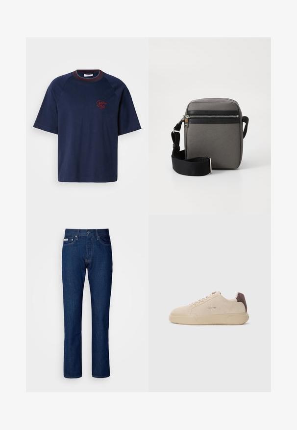 Mørkeblå bomuld T-shirt med korte ærmer, rund hals og burgunderrøde detaljer. Har broderet "Calvin Klein" logo på venstre bryst.; Mørkeblå denim jeans med lige ben sammen design, der har lynlås og knaplukning, fem lommer og subtile stikninger.; Beige ruskind sneakers med rund tå, snørret foran og en brun ruskindsdetalje på hælen. Har en tekstureret gummisål.; Grå stof crossbody taske med en sort lynlåslomme, justerbar rem og rektangulær form. Har en glat overflade og metalbeslag.