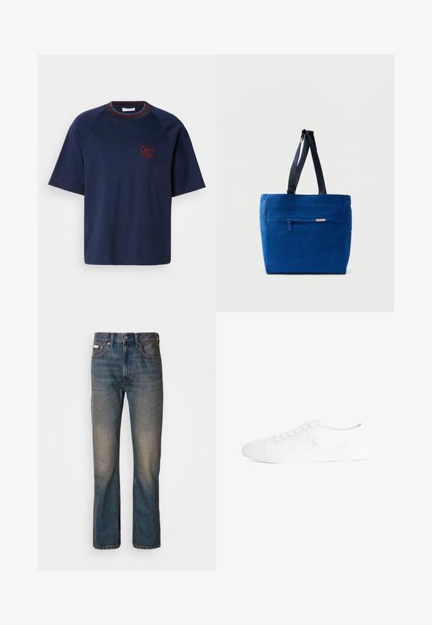Tumed sinine puuvillane T-särk lühikeste varrukatega, ümmarguse kaelusega ja burdgundy aktsentidega. Omab vasakul rinnal kirja "Calvin Klein" tikandit.; Kõrge vöökohtadega sinised teksad, mis on valmistatud denimist, sirge sääre disainiga, kulunud ja kahjustatud plaastritega ning traditsioonilise viie taskuga stiiliga.; Valged madala säärega lõuendist tossud valgete paelte ja peene "cK" logoga küljel, kummist tald tekstuurse varbakattega.; Sinine lõuendist õlakott esiktasku, topeltrihmade ja ristkülikukujulise kujundusega. Omab diskreetset brändi sildi detaili.