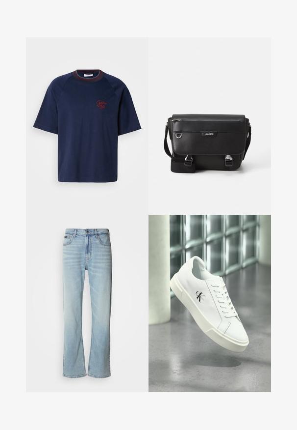 Námornícky modré bavlnené tričko s krátkymi rukávmi, okrúhlym výstrihom a bordovými akcentmi. Na ľavej strane hrude sa nachádza vyšívané logo "Calvin Klein".; Svetlo modré džínsy so strihom rovného nohavice, obsahujúce päť vreciek, zapínanie na gombík a jemné vyblednutie na látke.; Biela teniska Calvin Klein so šnúrkami, zobrazená vznášajúca sa nad leštenou betónovou podlahou a stenou z sklenených blokov.; Čierna textúrovaná messenger taška Lacoste s nastaviteľným popruhom, prednou chlopňou, zipsovou kapsou a kovovými prackami.